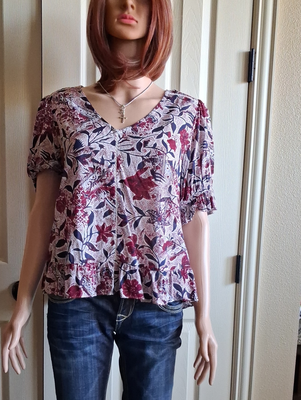 Lucky Brand Floral V-Neck Peplum Blouse in Burgundy, Navy & Cream